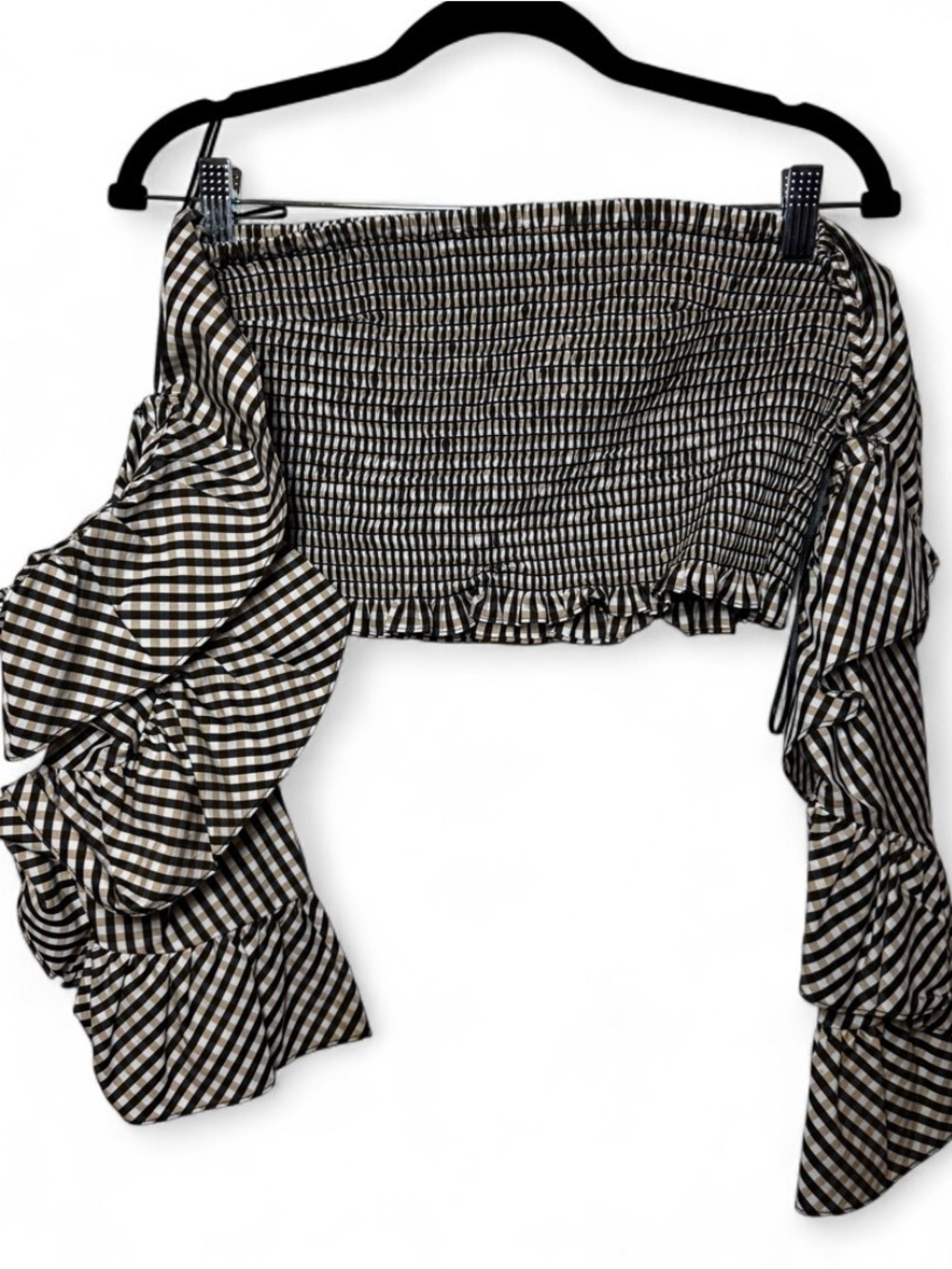 Petersyn Gingham Smocked Ruffle Sleeve Off Shoulder Crop Top Brown White Large